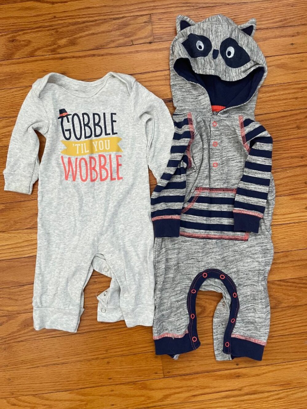 Baby Boy Outfits – Size 0-3m (Raccoon Romper + “Gobble ’Til You Wobble” Onesie)